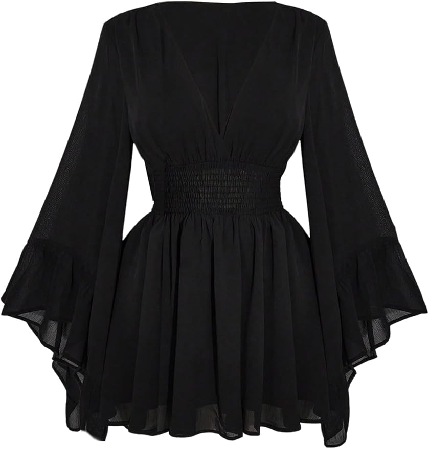 BEAUDRM Women's Plus Size Boho Western Dress Bell Sleeve Cowgirl Hippie Mini Dress Mesh A Line Casual Flowy Dresses