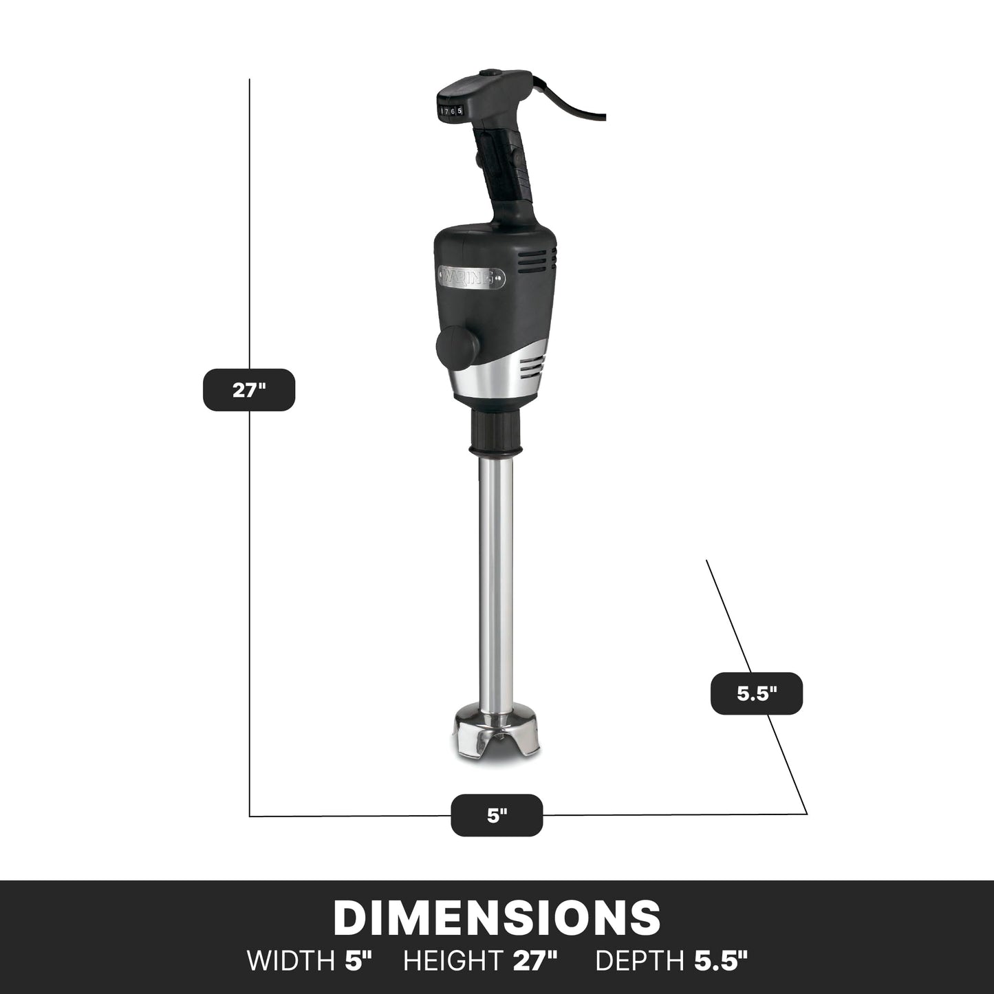 Waring Commerical WSB50 Big Stix Heavy Duty Immersion Blender, 12" Removable Shaft, 1 HP/700 Watt Variable Speed Motor, 120V, 5-15 Phase Plug,Black/Silver