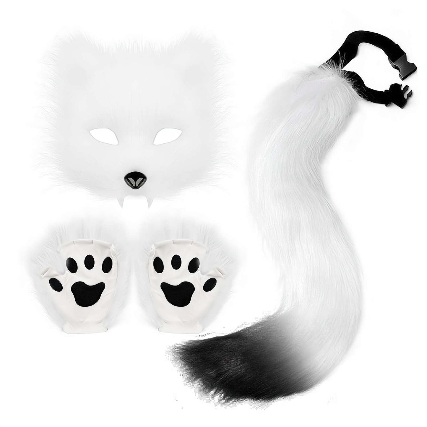 Faux Fur Cat Wolf Mask Tail and Gloves Set Furry Paw Gloves Costume Cosplay Animal for Halloween Christmas Party