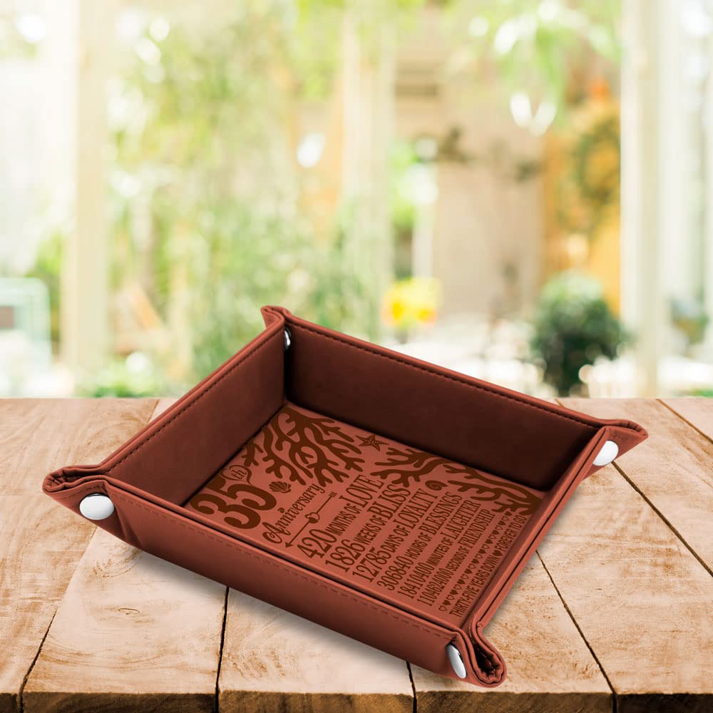 KATE POSH 35 Years of Marriage Engraved Leather Catchall Valet Tray, Our 35th Wedding Anniversary, 35 Years as Husband & Wife, Gifts for Her, for Him, for Couples, Coral Anniversary Design (Rawhide)