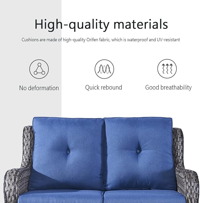 Belord 5 Piece Outdoor Patio Furniture Set - Wicker Furniture Patio Conversation Set, Outdoor Swivel Rocker Chairs with Loveseat Sofa and 2 Ottomans for Small Space, Blue Cushion