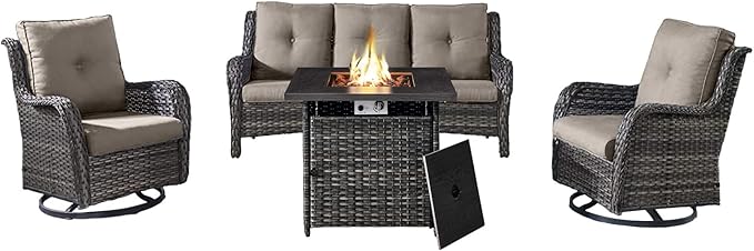 Belord Outdoor Patio Furniture Set with 50000BTU Propane Fire Pit Table, 4 Pieces Wicker Patio Conversation Set with 2 Swivel Rocker Glider Chairs Rattan Sofa Grey Cushion Perfect for Gathering