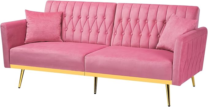 ACMEASE 70” Velvet Futon Sofa Bed with 2 Pillows and Adjustable Armrests, Convertible Sleeper Bed, Modern Loveseat for Living Room, Bedroom, Pink
