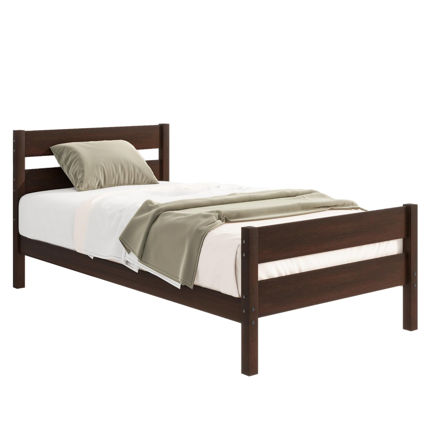 Twin Size Bed Frame with Headboard and Footboard for Kids, Farmhouse Wood Platform Bed with Storage and Slat Support, No Box Spring Needed, Espresso
