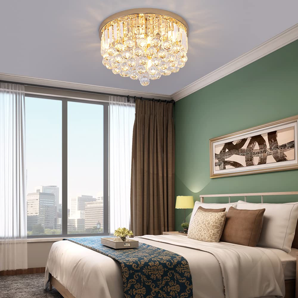 Gopmmy Mini Crystal Chandelier Ceiling Light,Flush Mount Modern Round K9 Crystal Raindrop Ceiling Lighting Fixture for Dining Room Bedroom Hallway Height 11''x Width 16''(French Gold)