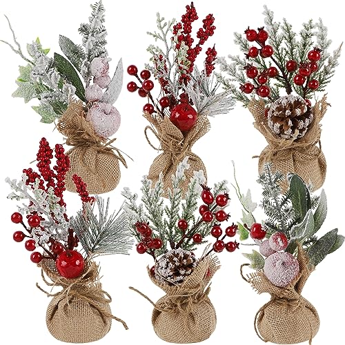 winemana 6 Pcs Mini Christmas Tree Table Decorations, 9" Small Artificial Trees with Red Berries Pine Cone Tabletop Center...