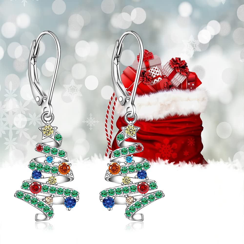 Christmas Earrings Christmas Tree Earrings for Women Dangle Drop S925 Sterling Silver Leverback Holiday X Mas Jewelry