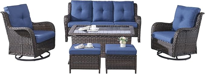 Rilyson Wicker Patio Furniture Set - 6 Piece Rattan Outdoor Sectional Conversation Sets with 2 Swivel Rocking Chairs,2 Ottomans,1 Sofa and 1 Coffee Table for Porch Deck Garden(Brown/Blue)
