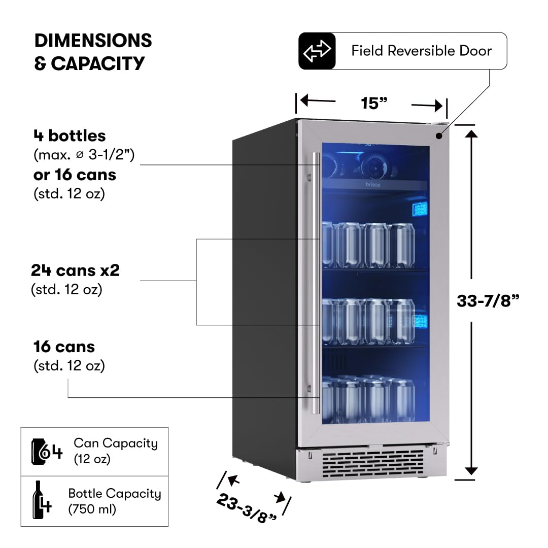 Zephyr Brisas 15 Inch Slim Beverage Fridge Single Zone Under Counter - Narrow Mini Wine & Drink Cooler Small Cabinet Wine Refrigerator Home Bar Freestanding with Glass Door - 4 Bottles, 64 Cans