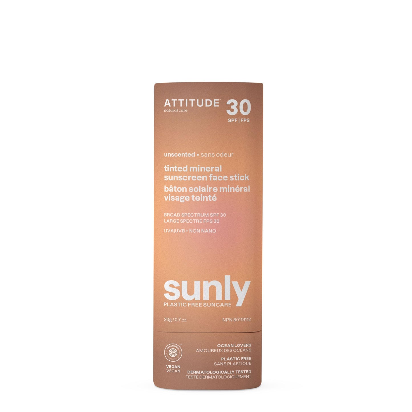 ATTITUDE Tinted Mineral Sunscreen Face Stick with Zinc Oxide, SPF 30, EWG Verified, Plastic-Free, Broad Spectrum UVA/UVB Protect