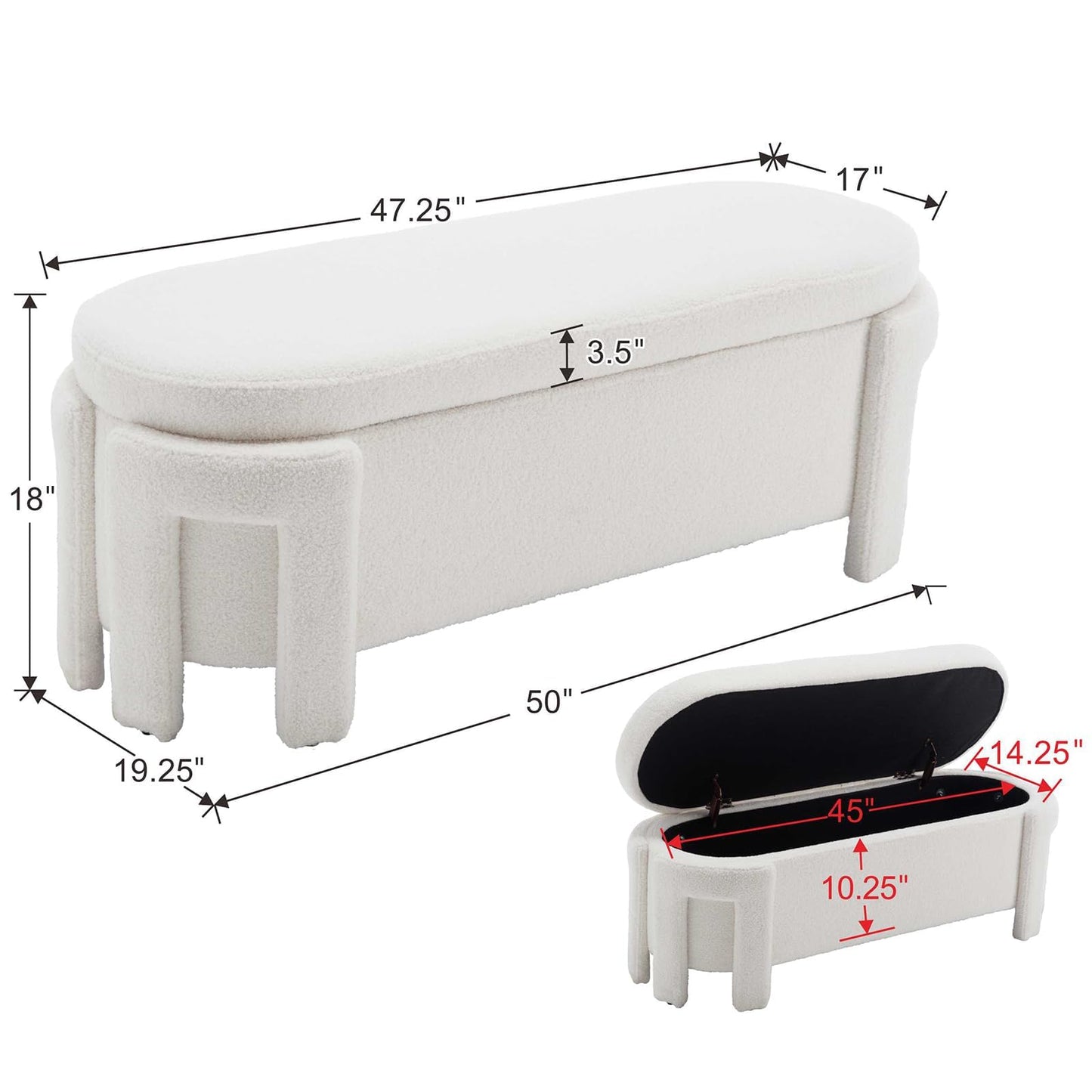 Janoray Modern Upholstered Storage Bench, Boucle Sherpa Fabric 50" Long Entryway Bench with Storage and Seating, Comfy Cute Ottoman Bench for Living Room/End of Bed/Hallway, White