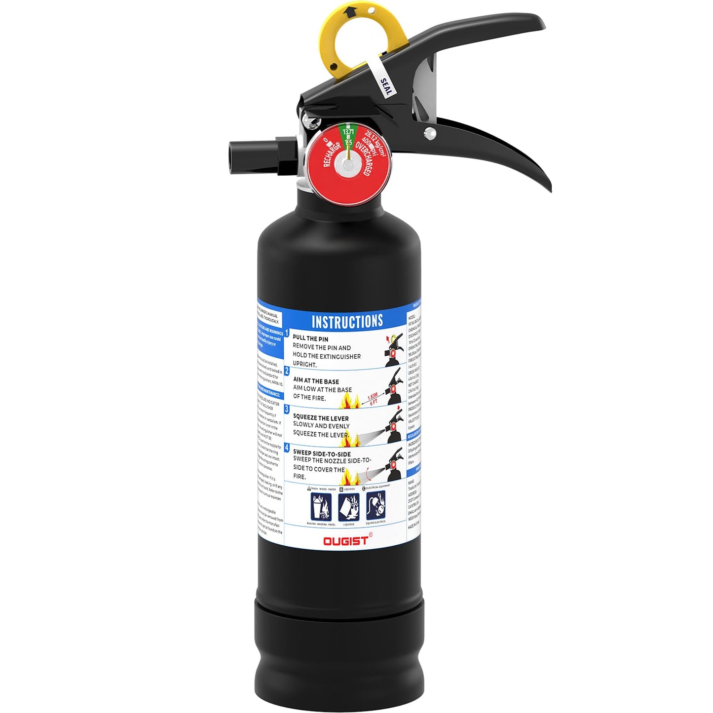 Ougist ABC Dry Powder Fire Extinguisher 2.5 lb 1‑A:10‑B:C Rated with Quick‑Release Handle for Home Kitchen Vehicle Safety Model FF1KG