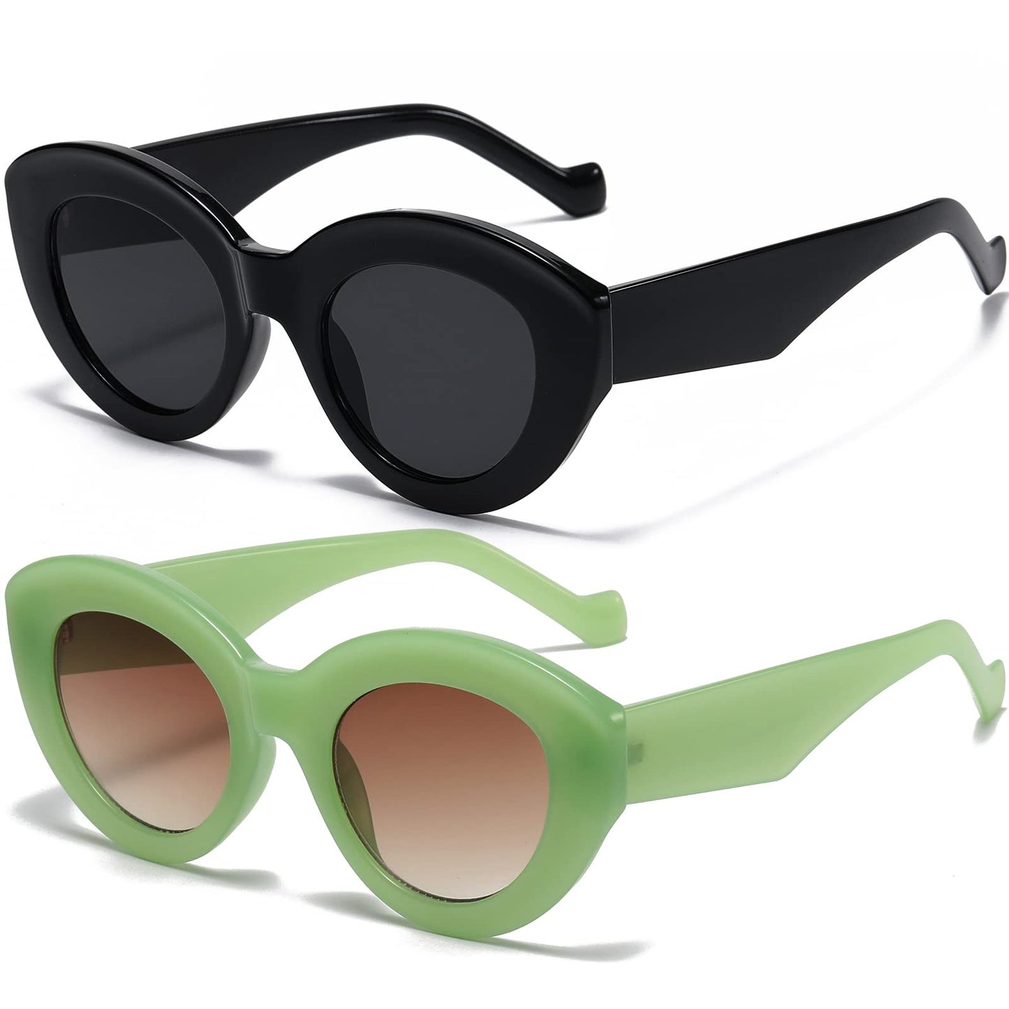 AIEYEZO Oversized Cat Eye Sunglasses for Women Cute Oval Thick Frame Cateye Sun Glasses Chic Retro Style Shades (Black + Green)
