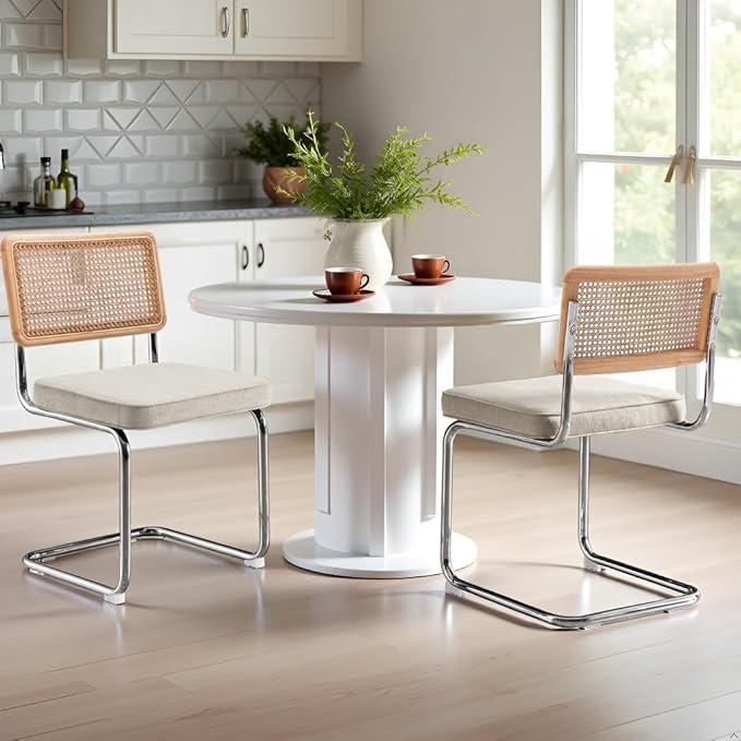 Zesthouse Natural Rattan Dining Chairs Set of 6, Mid Century Cane Dining Room Chairs with Solid Wood Back & Chrome Base for Kitchen, Breuer Design Inspired, Upholstered Linen Fabric, Beige