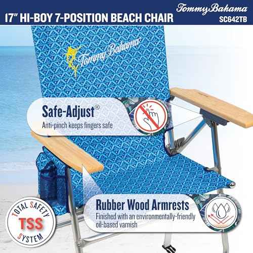 Tommy Bahama Hi-Boy 7-Position Folding Beach Chair with Cup Holder and Zippered Storage Pouch