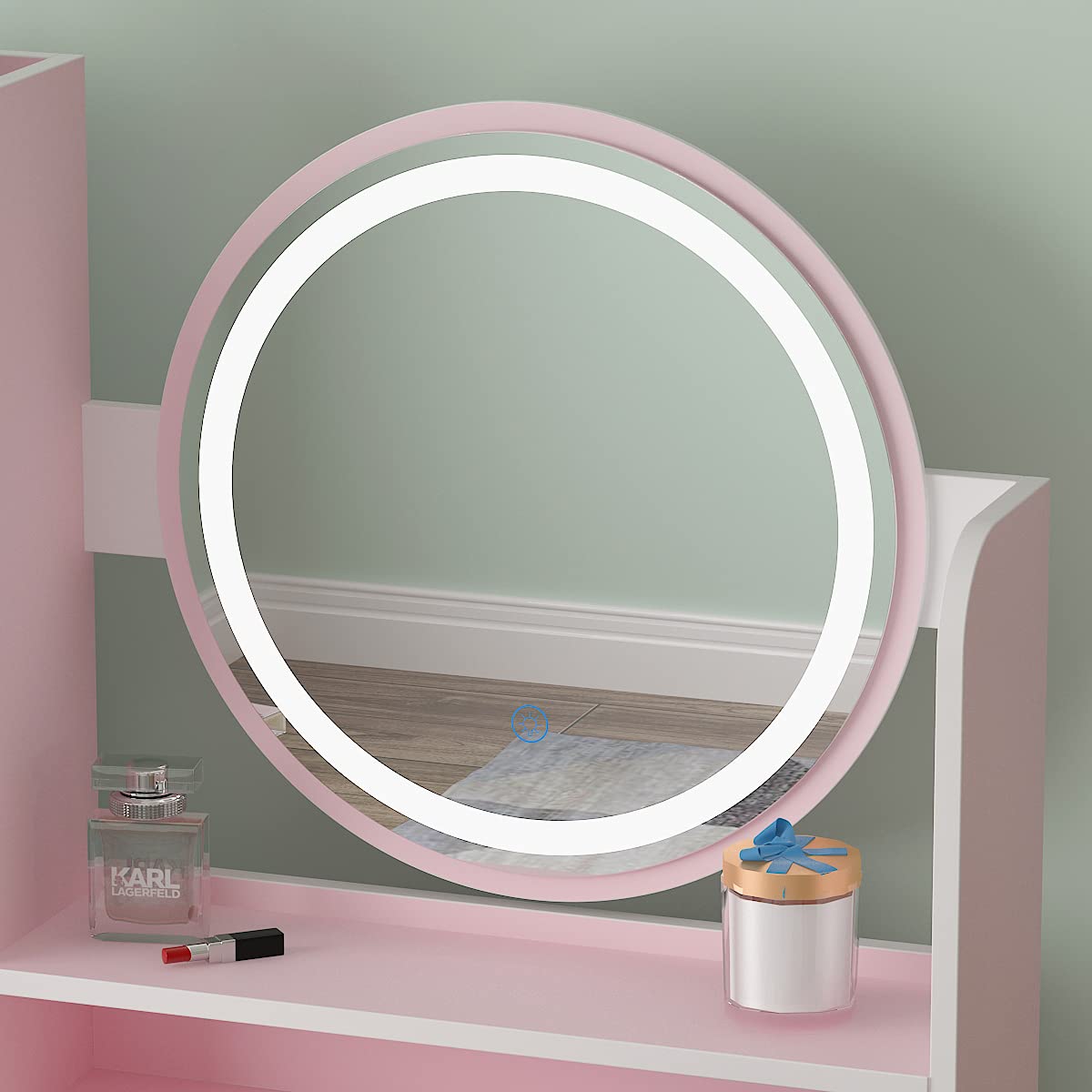 FUFU&GAGA Pink Vanity Set with Round Lighted Mirror, Makeup Vanity Dressing Table with 5 Drawers, Shelves, Dresser Desk and Cushioned Stool