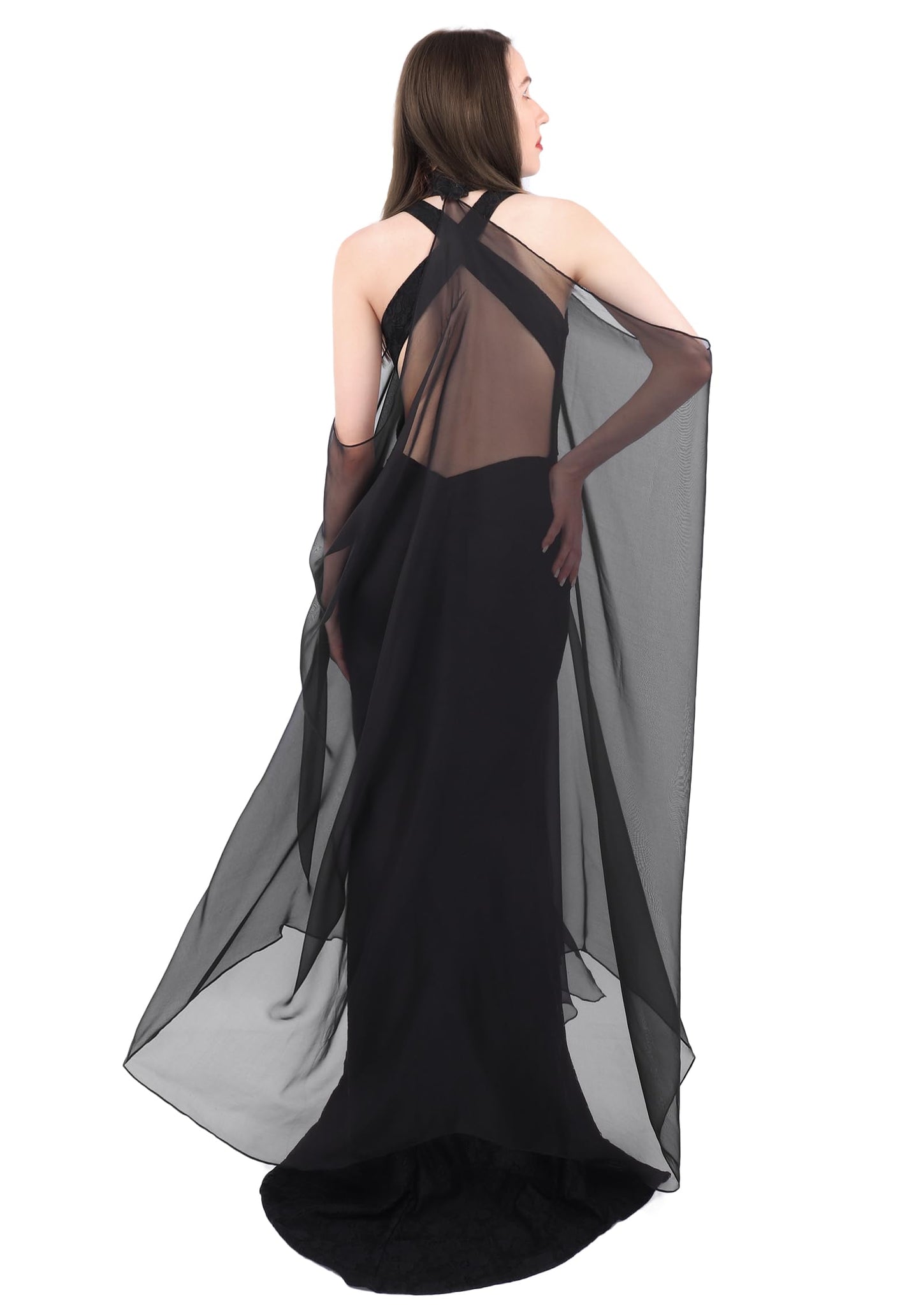 DAZCOS Chiffon Shawls Cape for Women Tulle Cloak Sheer for Evening Glamour Dresses Wedding Collared Halter Capelet (Black)