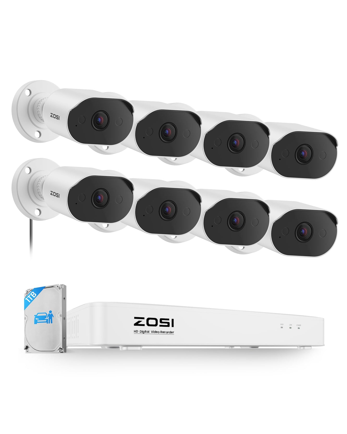 ZOSI 8CH Home Security Camera System with Audio, Person Vehicle Detection, Night Vision, 8pcs 1080P Outdoor Indoor Cameras, 8 Channel H.265+ Surveillance CCTV DVR with 1TB HDD for 24/7 Recording