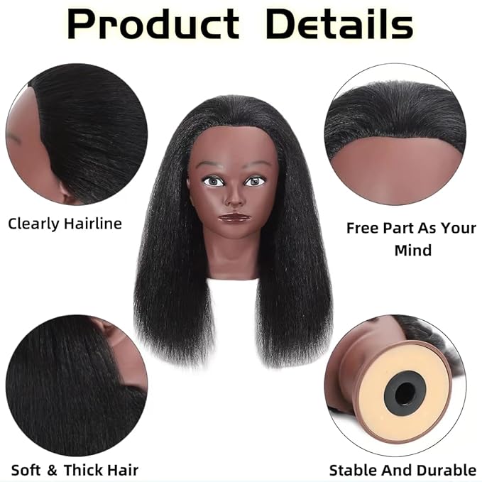 African Hair Mannequin Head for Braiding Black Mannequin Head with 100% Real Hair Cosmetology Training Head for Practice Braiding 18 inches