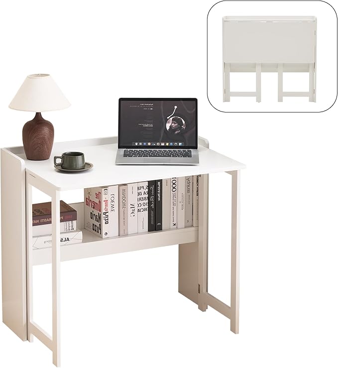 cayglow Foldable Desk，Folding Table with Storage Shelf,32.6 Inch Fold Out Computer Desk for Small Spaces,Writing Desk for ...
