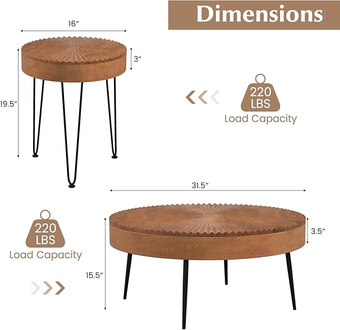 Giantex Boho Round Coffee Table Set of 2, Sofa Side Nesting Table with Solid Pine Wood Top, Metal Legs & Adjustable Foot Pads, 31.5" D Large Table Set for Living Room (Radial Pattern, Brown)