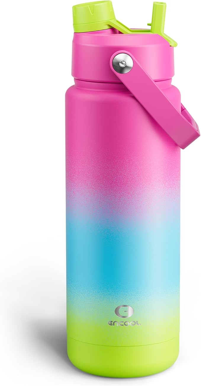 ENCOOL Insulated Water Bottle with Straw Stainless Steel Water Bottle, Leak-Proof, BPA-Free, Double Wall Vacuum Keeps Cold for 24 Hours for Sports, Travel, School (32 oz, Lime Sorbet)