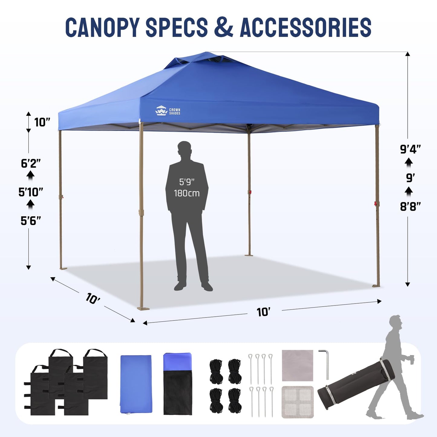 CROWN SHADES Gazebo 10x10 Pop Up Canopy with Mosquito Netting, Screen Tent with 4 Ropes, 8 Stakes, 4 Sandbags and Wheeled Storage Bag, Canopy for Patio & Backyard, Blue
