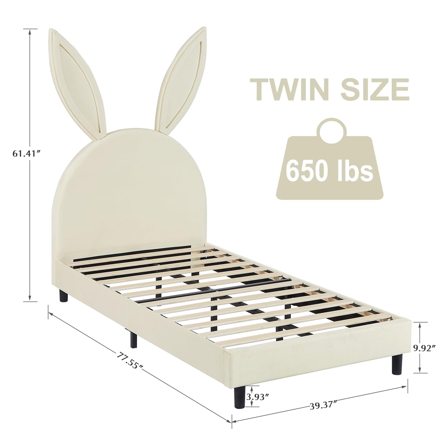 VECELO Twin Size Bed Frame, Heavy-Duty Platform with Rabbit Shaped Headboard for Girls Kids Room, Easy Assembly, Beige