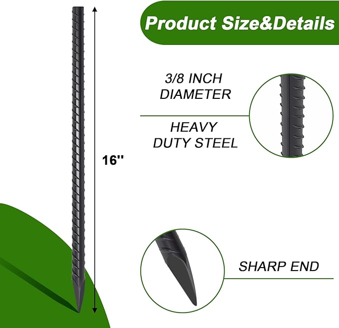 AAGUT Rebar Stakes 16 inch (34pcs) Heavy Duty 3/8” Ground Anchors Steel Garden Stakes Metal Straight Camping Tent Spikes with Chisel Point End for Hard Soil, Black Powder Coated