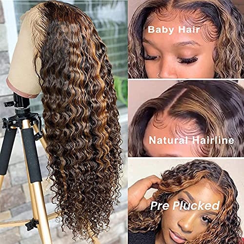 BLY Highlight Human Hair Lace Front Wigs Deep Wave #4/27 Ombre Colored Glueless Wigs Pre Plucked 18 Inch 4x4 Transparent Curly Water Wave Lace Wig Honey Blonde Real Human Hair 180% Density