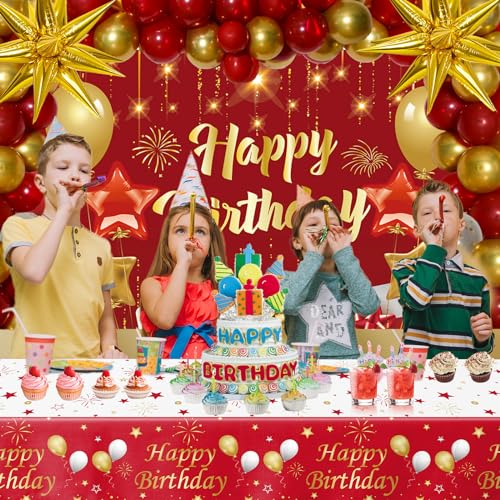 Red and Gold Birthday Decorations for Women Men Girls Boys, 72pcs Red and Gold Party Decorations Happy Birthday Backdrop B...