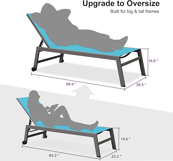PURPLE LEAF Outdoor Chaise Lounge Set for 2 Oversized Pool Lounge Chairs with Easy-to-Move Wheels and Adjustable Backrest Extra Large Patio Loungers for Poolside Deck Beach Yard Table Included, Blue