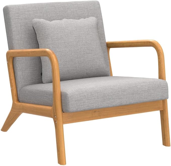 ELUCHANG Mid-Century Modern Accent Chair with Lumbar Pillow, Upholstered Armchair, Linen Fabric Comfy Reading Chair, Lounge Side Chair for Living Room Bedroom Apartment, Easy Assembly