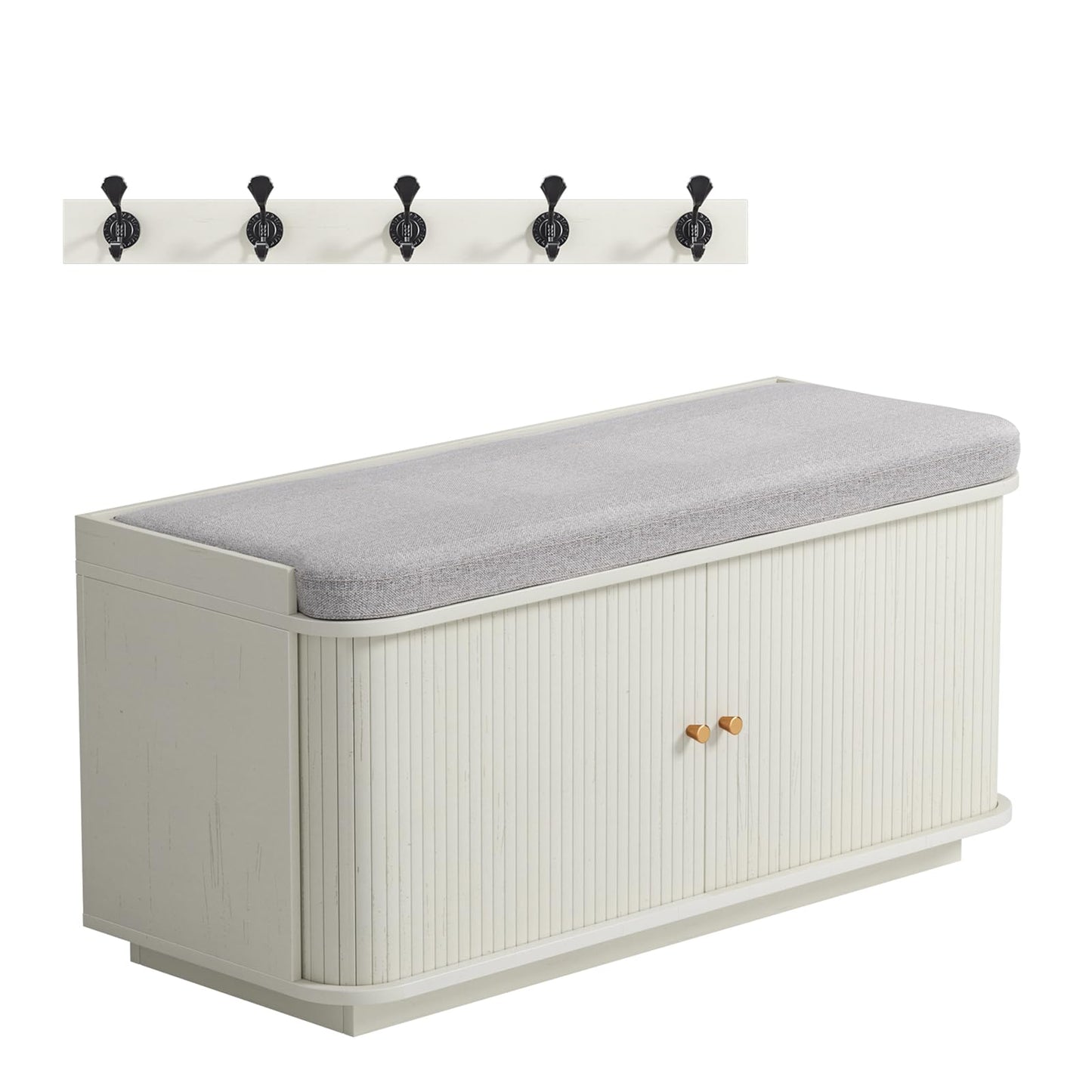 AKMAKM Cream White 39.4" W 2-Tier Shoe Bench | Entryway Bench with Padded Cushion, Sliding Doors & 5 Hooks for Hallway, Mudroom