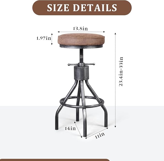 BOKKOLIK Industrial Bar Stools Swivel Pu Seat Vintage Kitchen Island Counter Stool 23-33inch Height Adjustable Rustic Shop Chair (Set of 2)