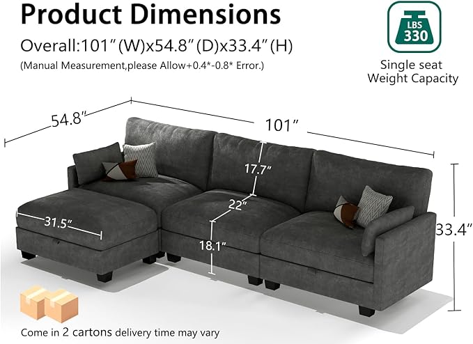 OhaiAura Modular Sectional L Shaped Sofa Couches for Living Room, Cloud Couch with Storage Ottoman, Comfy Chenille Sofa with Pillow, Dark Gray