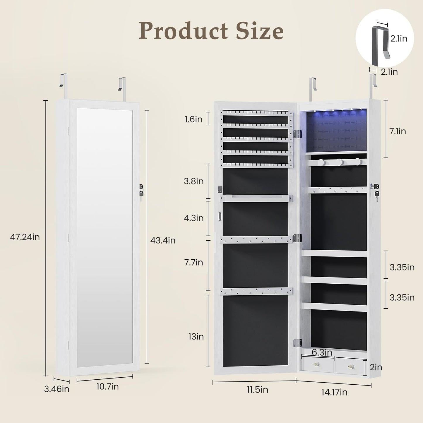 HAPPYMONT Tall Lockable Large Capacity Jewelry Armoire Cabinet with Full Length Mirror, Wall Mounted or Over the Door Jewelry Organizer with 33 Necklace Hooks, Jewelry Armoire with Drawers, White