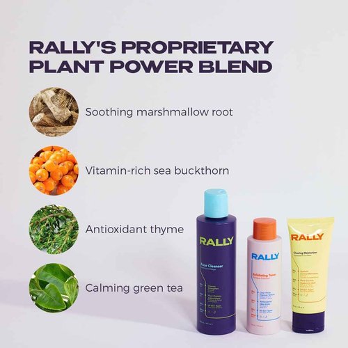 RALLY Clean Plant Powered Daily Face Routine | Healthy Skin Essentials | Teens + Athletes All Skin Types | Face Cleanser 6oz, Exfoliating Toner 4oz, Clearing Moisturizer 2oz