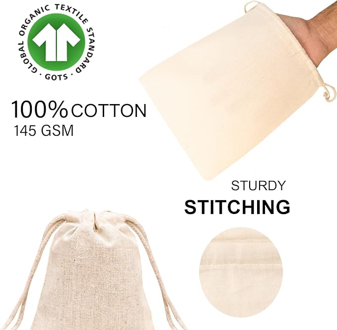 8x12 inches Natural Cotton Double Drawstring Reusable Produce Muslin Bags – Multipurpose Drawstring Storage Pouch for Everyday Use (Pack Of 50)