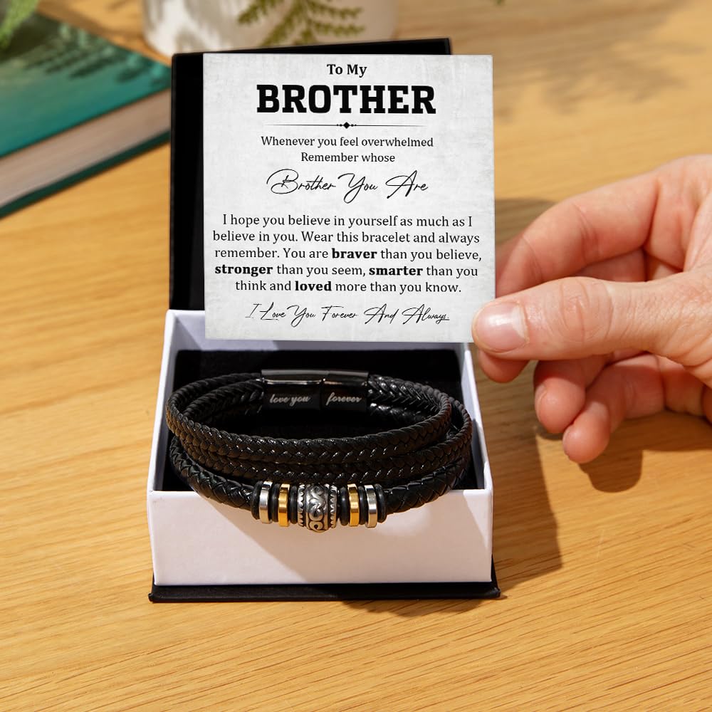 To My Brother Bracelet, Brother Bracelet From Sister, Brothers Bracelets Gift, Braided Leather Stainless Steel Bracelets Gifts For Brothers With Message Card & Box For Wedding Birthday Christmas