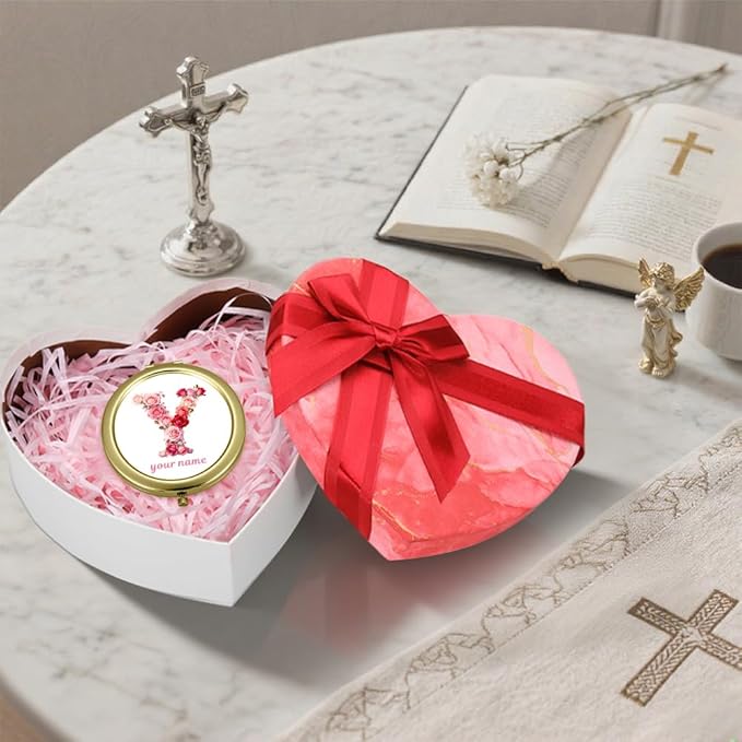 Eunigem Personalized Compact Flower Mirror for Women-Makeup Small Purse Mirror Custom Gift for Girls Women Christians (Pink Rose Color)