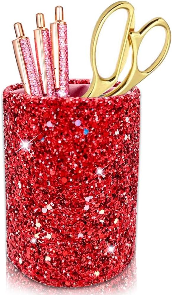 BIKCZEWIN Red Glitter Pen Holder for Desk, Cute Bling Office Accessories for Women Girls, Luxury Makeup Brush Holder Organ...