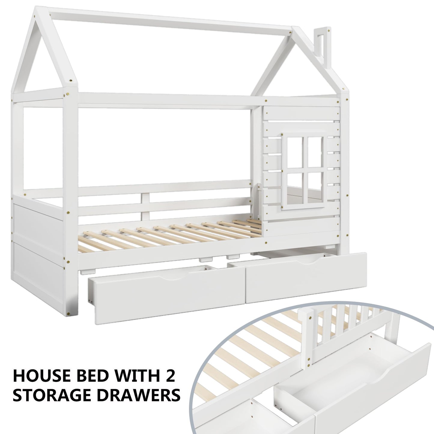 HUMEHA Twin Size Kids House Bed with 2 Storage Drawers, Twin House Bed Frame with Roof and Window, Twin Bed Frames for Kids with Slats, Modern Wooden Montessori Bed for Bedroom, White
