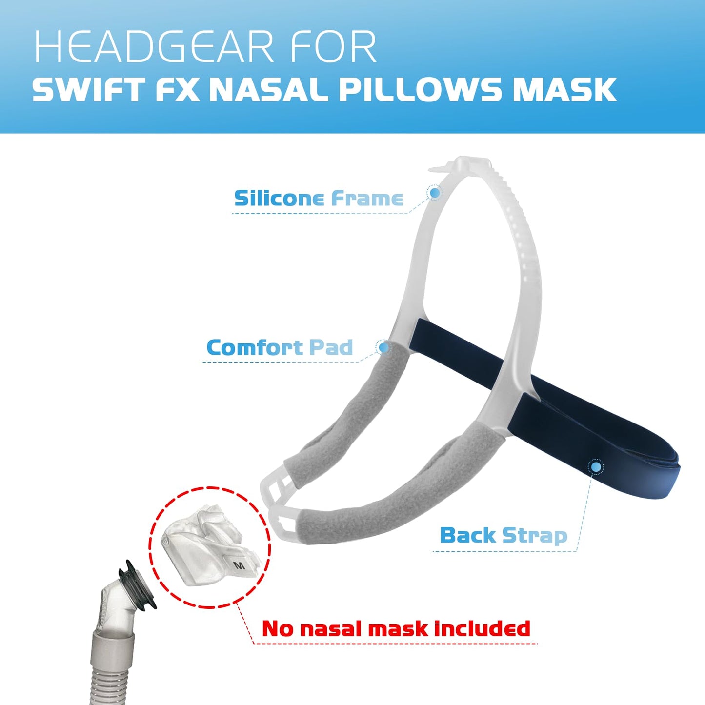 Headgear with Frame Replacement for ResMed Swift FX Nasal Pillows Mask, Comfortable CPAP Mask Head Strap Including Adjustable Silicone Frame & Back Headgear & 2 Strap Wraps