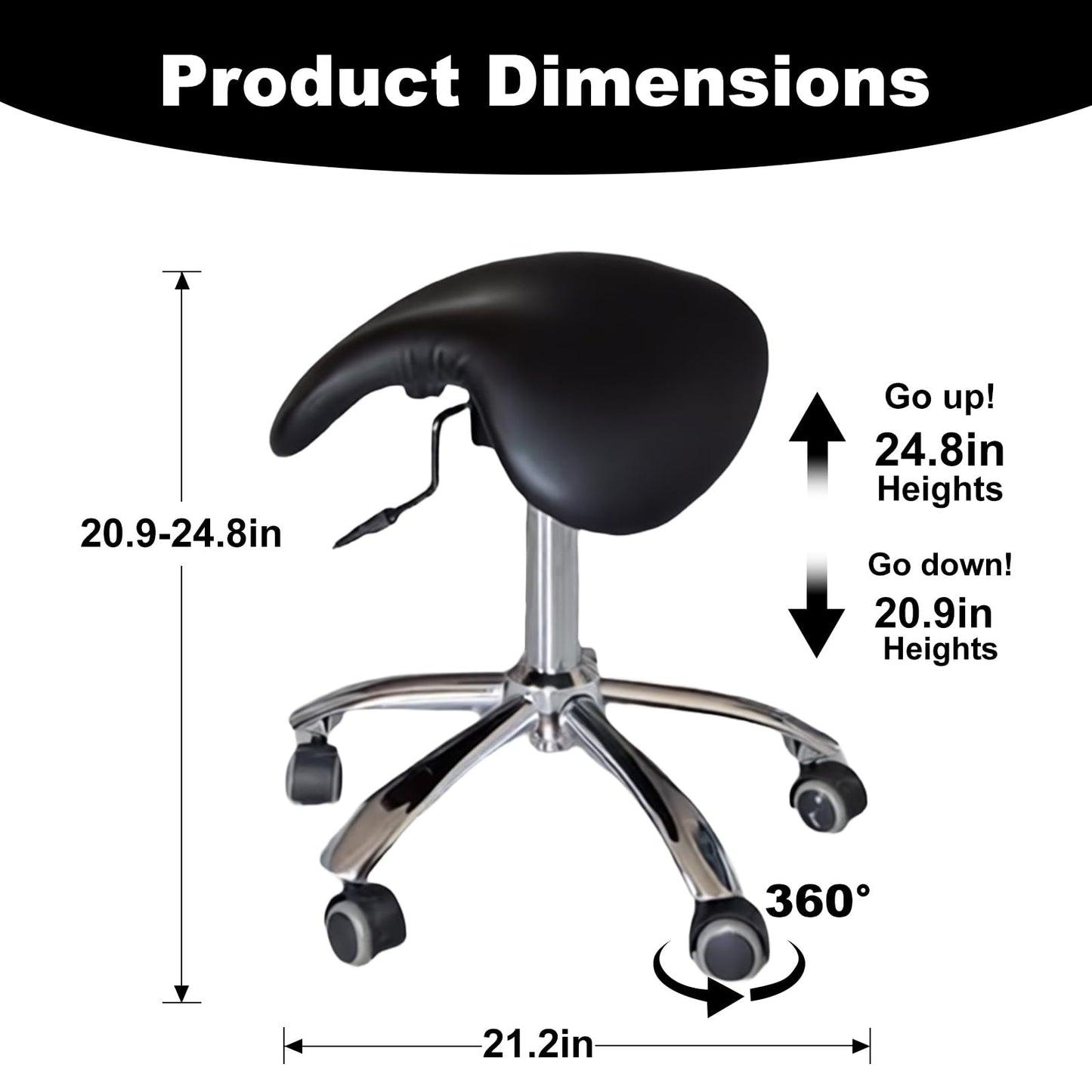DENGTELI Ergonomic Saddle Chair with Adjustable Swivel castors, Corrects Posture and alleviates Back Pain, Suitable for Offices, Dental clinics, Salons, and Tattoo Studios (Black)