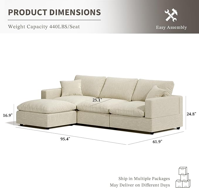 Cloud Couches for Living Room, 95.4" 3-Seater with Ottoman L Shaped Modular Sectional Sofa, Convertible Cloud Sofa with Ottoman, Down Filled Wide & Deep Seat, Removable Washable Cushion Covers