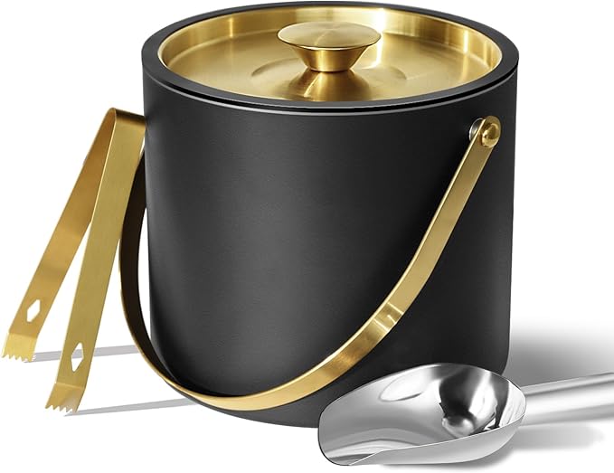 Bakpoco 3L Ice Bucket with Silicone Lid, Scoop, Gold Tongs & Strainer, Stainless Steel Double Wall Insulated Ice Buckets f...