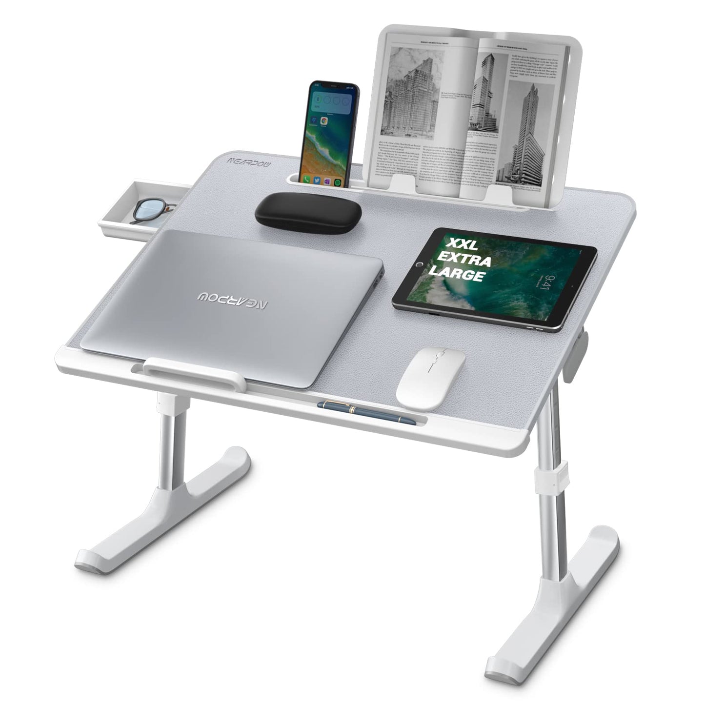 NEARPOW XXL Bed Table Desk for Laptop and Writing, Adjustable Computer Tray Laptop Stand for Bed or Sofa with Anti-slip Leather, Removable Stopper, Book Stand and Drawer - Gray