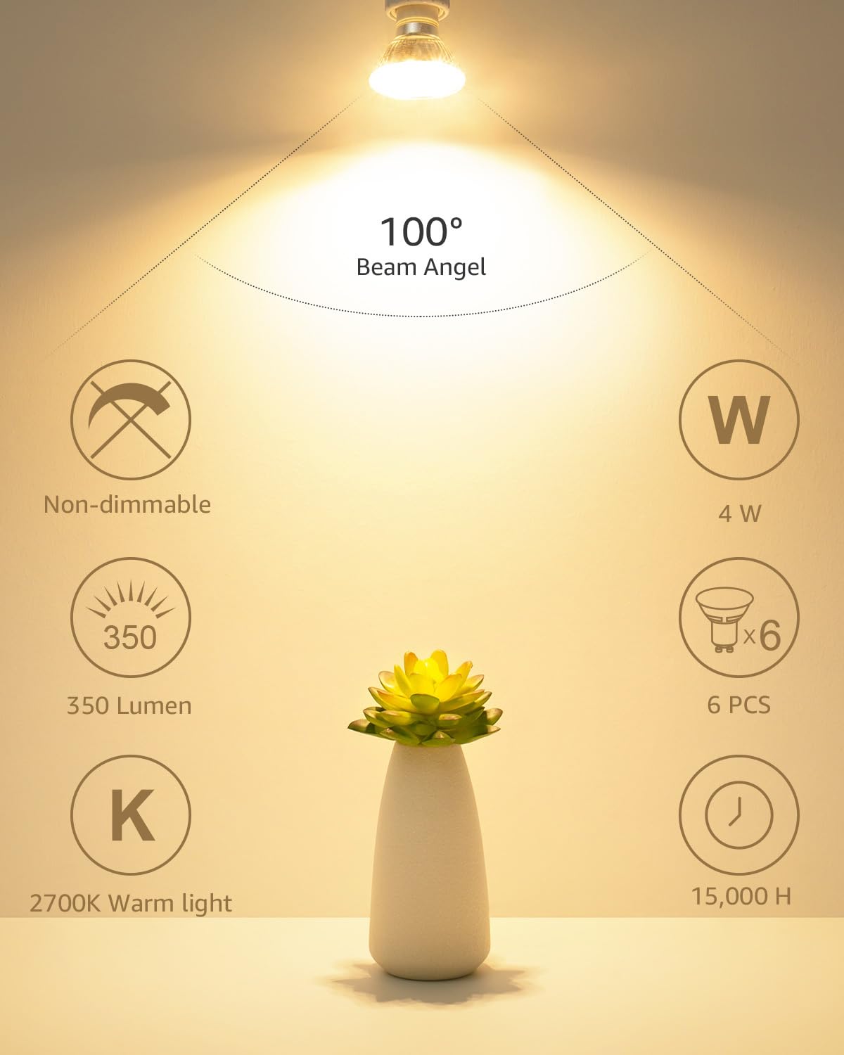 Lepro Non-Dimmable GU10 LED Light Bulbs, 2700K Soft Warm Light GU10 Bulb Replacement for Recessed Track Lights, 4W LED Bulbs with 100°Flood Beam for Kitchen, Range Hood, Living Room, Bedroom, 6 Pack