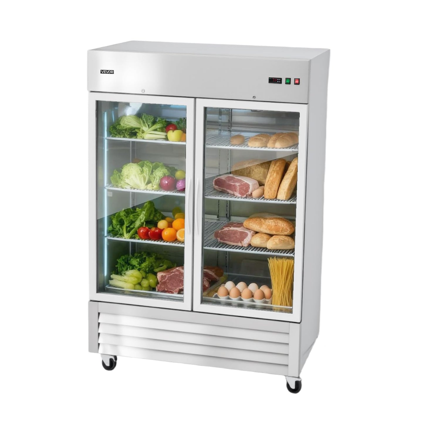 VEVOR Commercial Reach-In Refrigerator 54" W, 44 Cu.Ft Stainless Steel Upright Refrigerator with Double Glass Doors, Auto-Defrost, 8 Adjustable Shelves, 32 to 50℉ Temp Control, ETL Certified